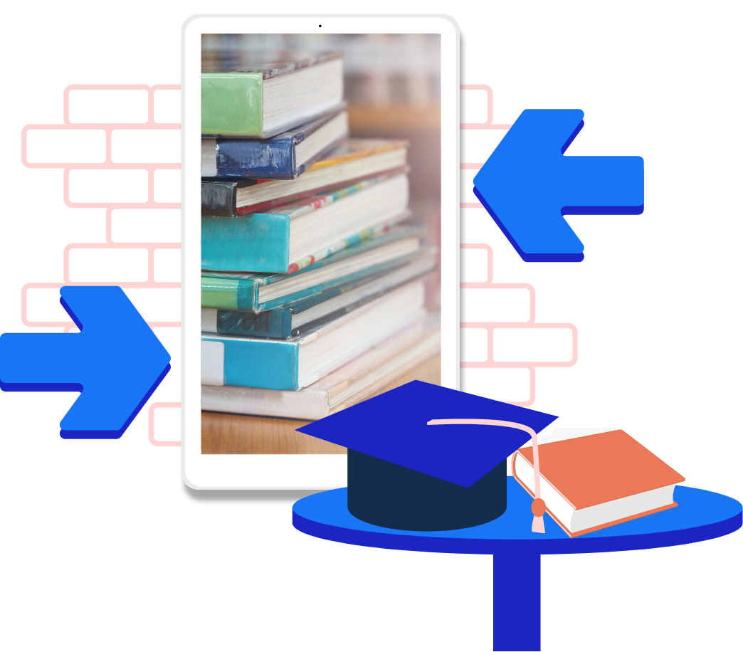 A set of books in a tablet gadget screen and a graduation tassel cap as an effective digital signage for education by Xibo.