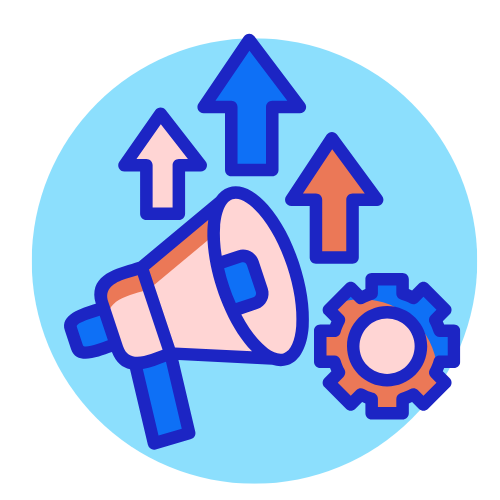 Megaphone with upward arrows and a cog to represent measuring and tracking ad performance over time