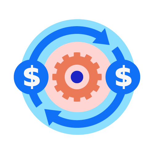 A gear icon with dollars of savings around it that represents how we reduce printing costs by using digital signs instead.