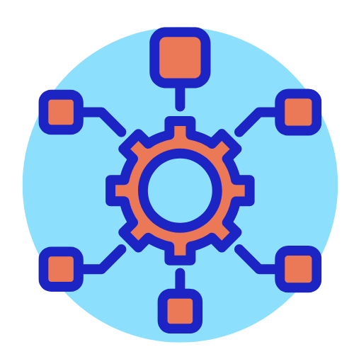 Icon showing a cog and branching network representing Amazon Signage Stick being built to scale for a growing digital signage network