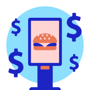 Graphic of a digital signage display used in fast food with dollars surrounding it