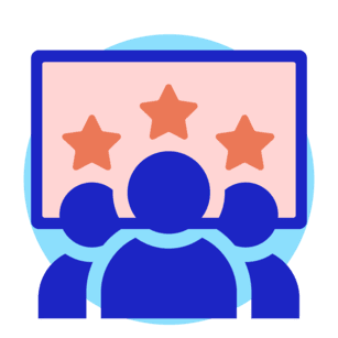 Graphic of a three people in front of digital signage displaying welcome messaging