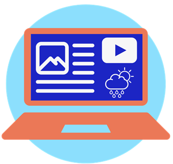 Icon of a laptop displaying various use cases of a digital signage CMS