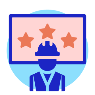 Graphic of person with a hard hat in front of a digital display to represent digital signage  in a workplace environment