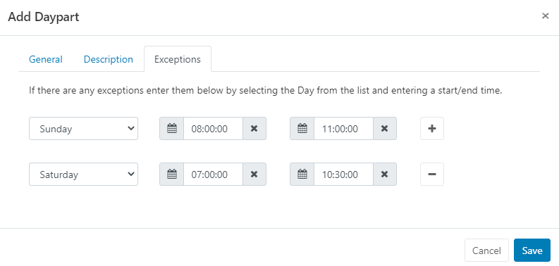 Daypart form exceptions tab